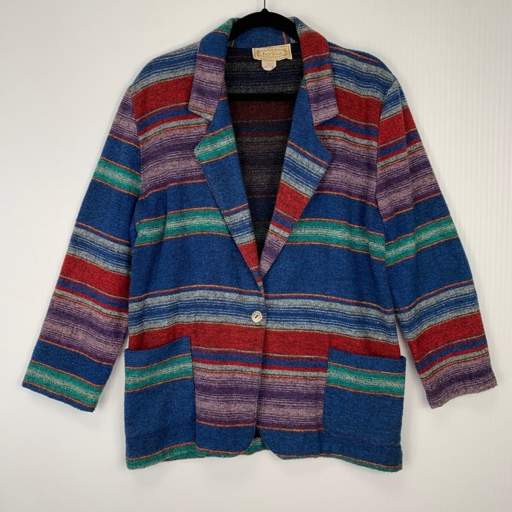 Bonjour Blazer Womens Medium M Stripe Boho Southwestern Aztec Vintage Multicolor